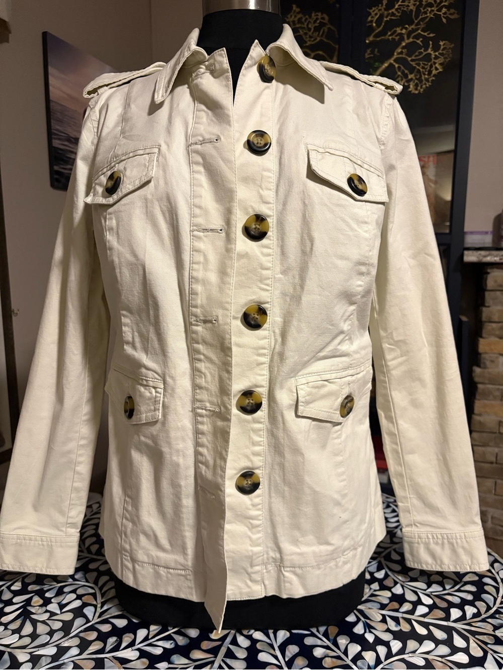 CAbi Women's Cream Utility Jacket with Tortoiseshell Buttons